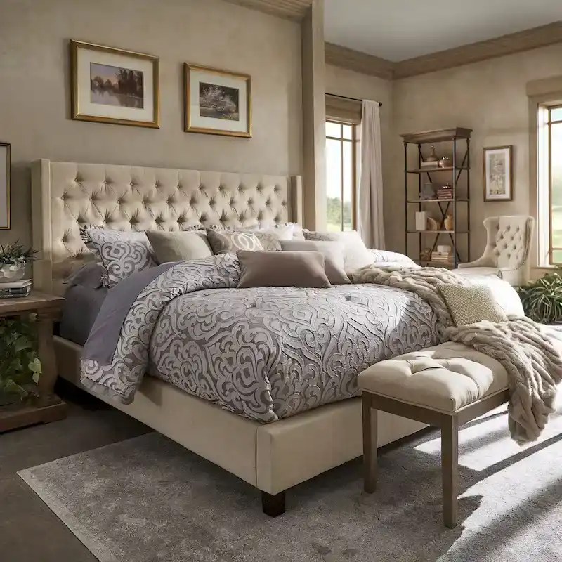 Wingback Button Tufted King Bed