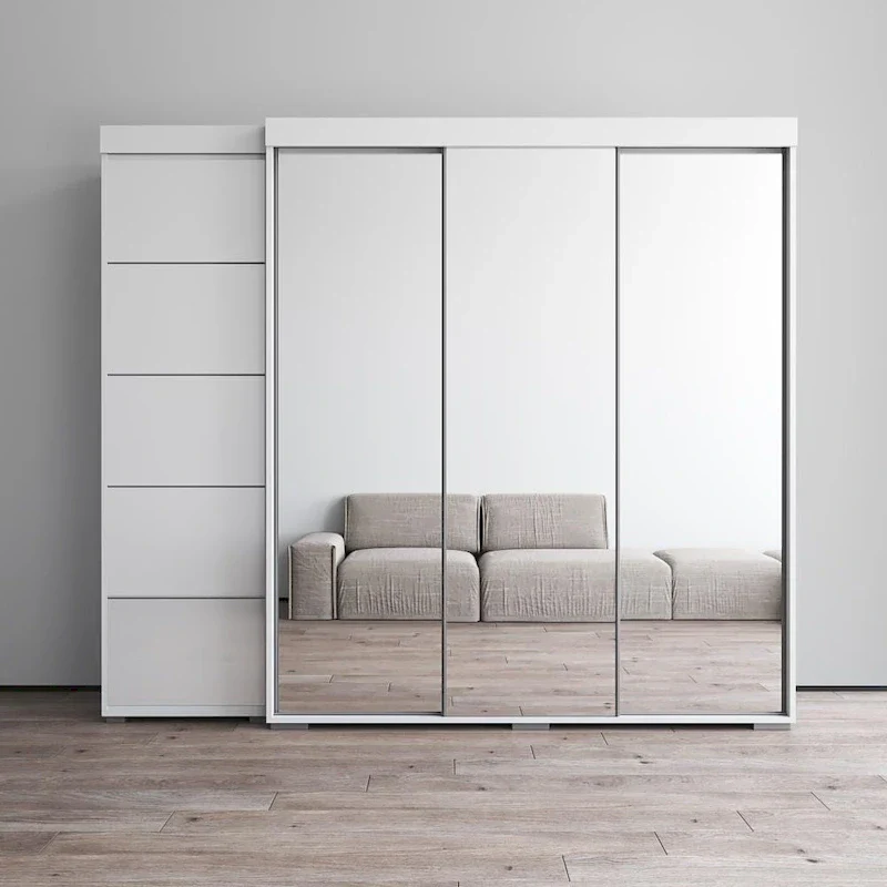 Modern Wardrobe Armoire with 3 Mirrors, Glass Fronts & Matte Body – 94W x 81H