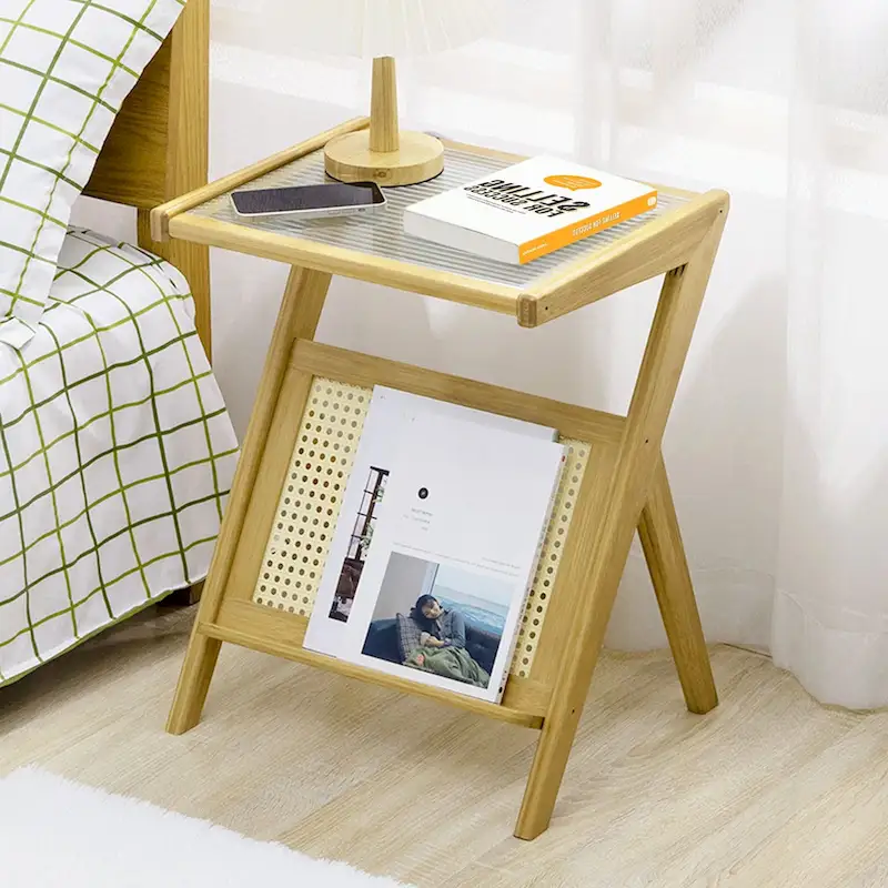 Bamboo Glass Top Side Table Accent End Table with Magazine Rack