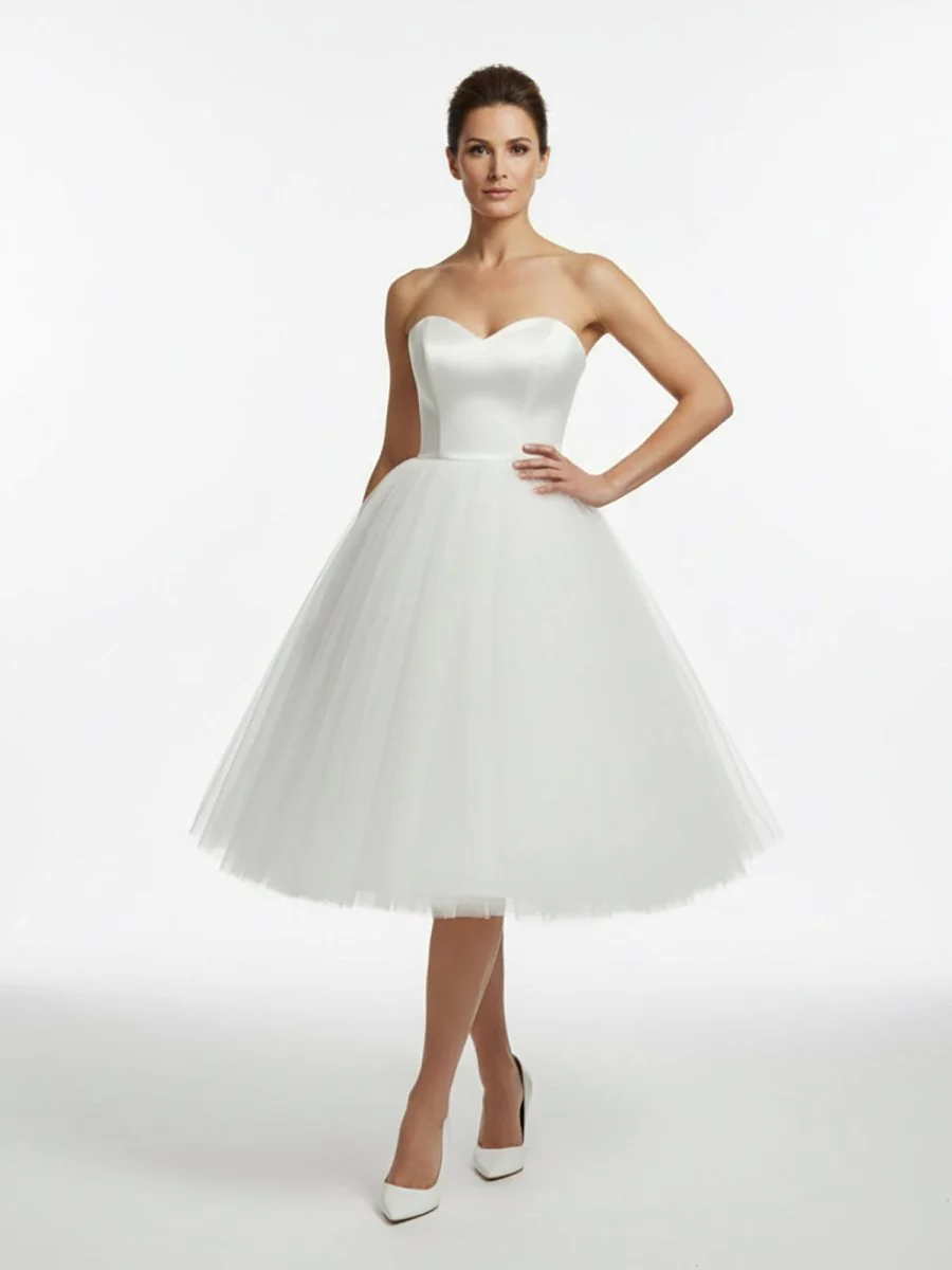 Sweetheart Empire Tea-Length Tulle Wedding Dress With Lace-Up Back