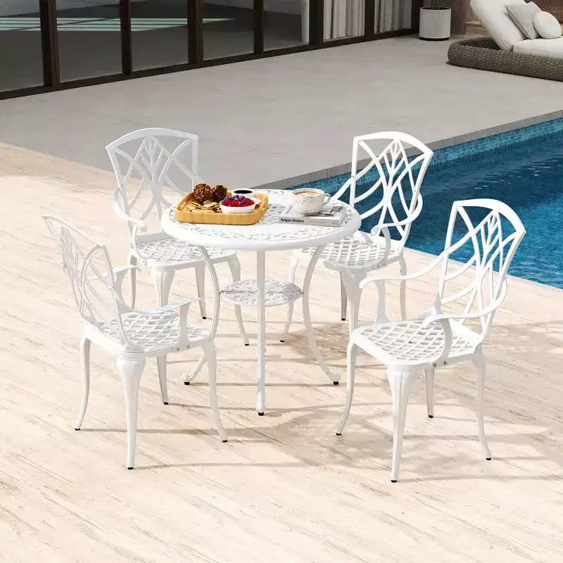Costway 5 PCS Patio Cast Aluminum Bistro Set Dining Table & Chair with Umbrella Hole