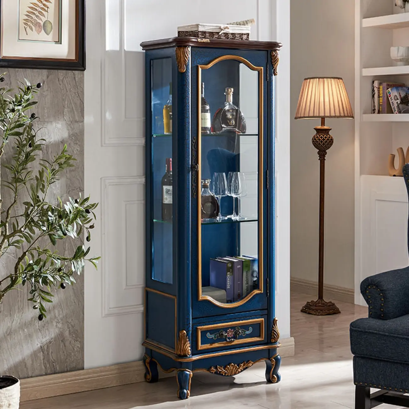 Traditional Tall Wood Blue Glass Shelf Display Cabinet
