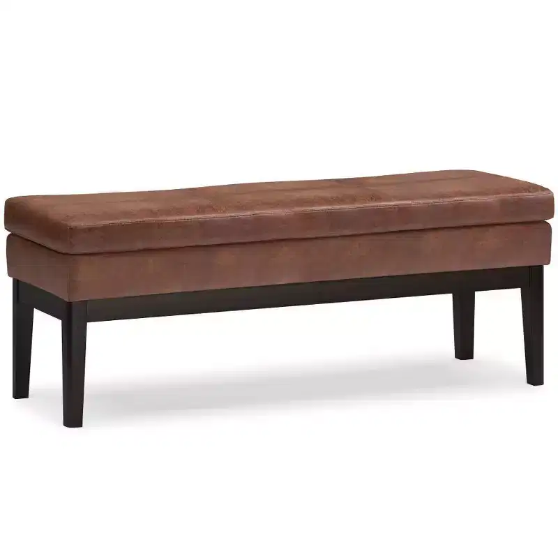 Distressed Saddle Brown / Greige Mid-Century Rectangle Ottoman Bench, Seats 2