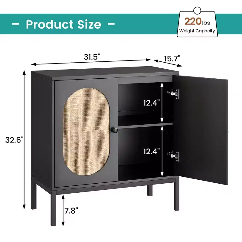 COZONY Woven Rattan Sideboards, Kitchen Cabinet with 2 Doors & Adjustable Shelves,Storage Cabinet with Worktop for Kitchen, Living Room, Hallway