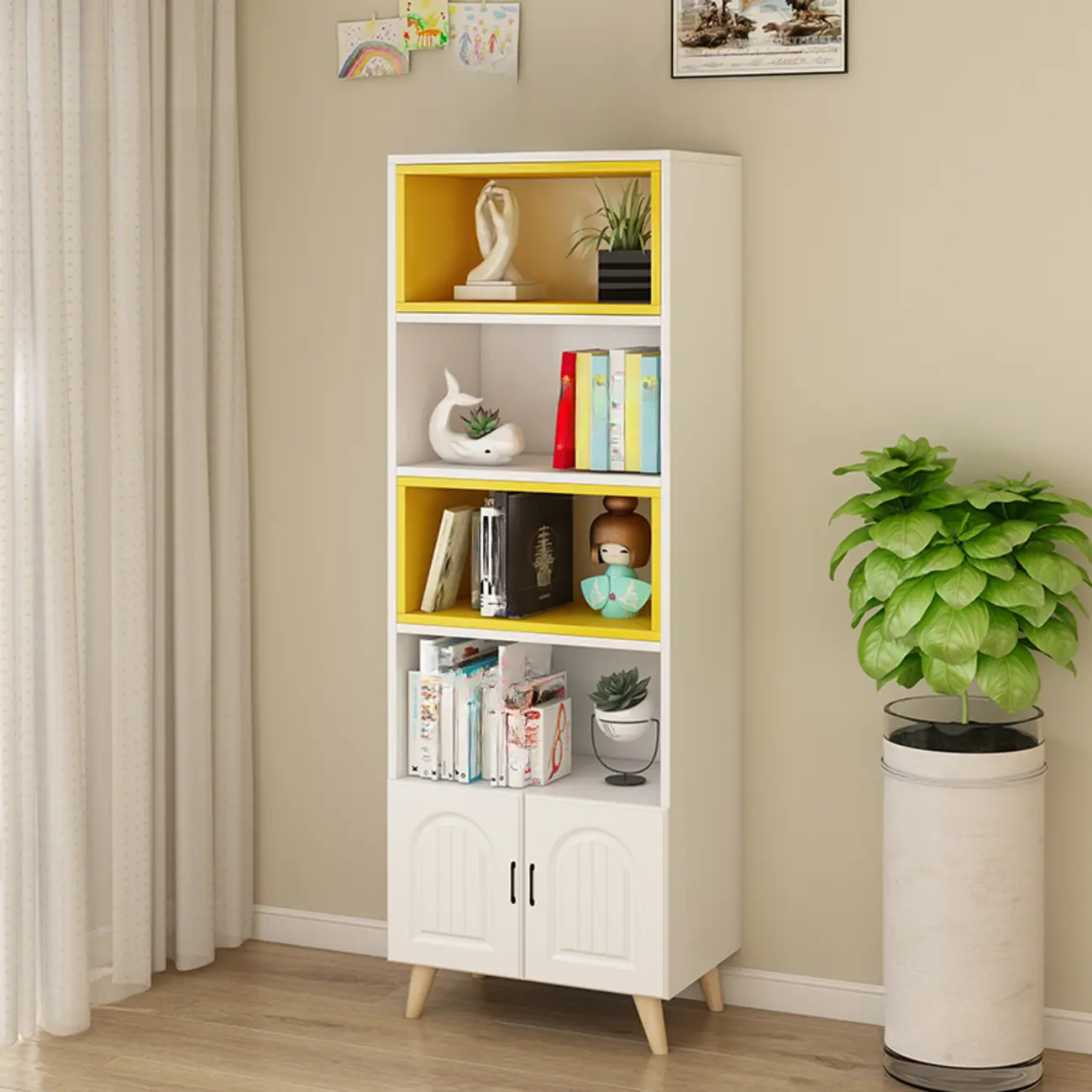 Wood 3-Tier White and Yellow Cube Bookcase with Cabinet