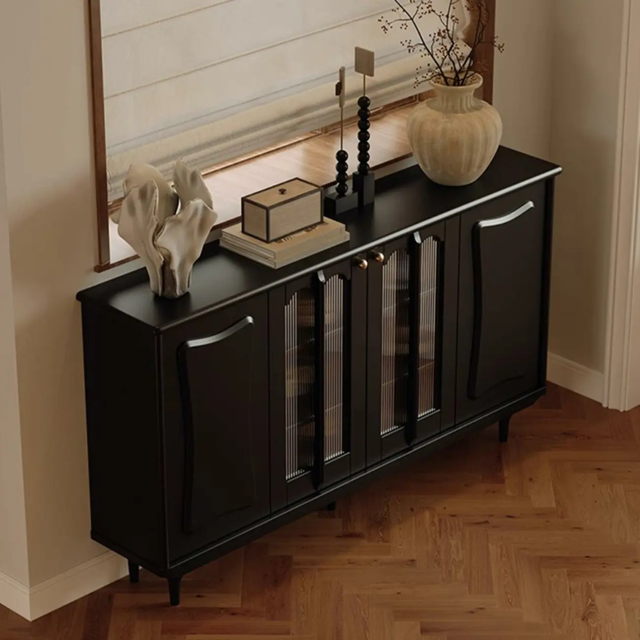 Medieval Style Black Wooden Buffet Table with Shelves