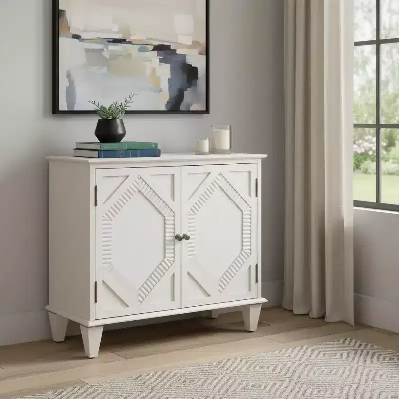 HomeRoots 34 White Wood Carved Geometric Accent Cabinet With Two Doors