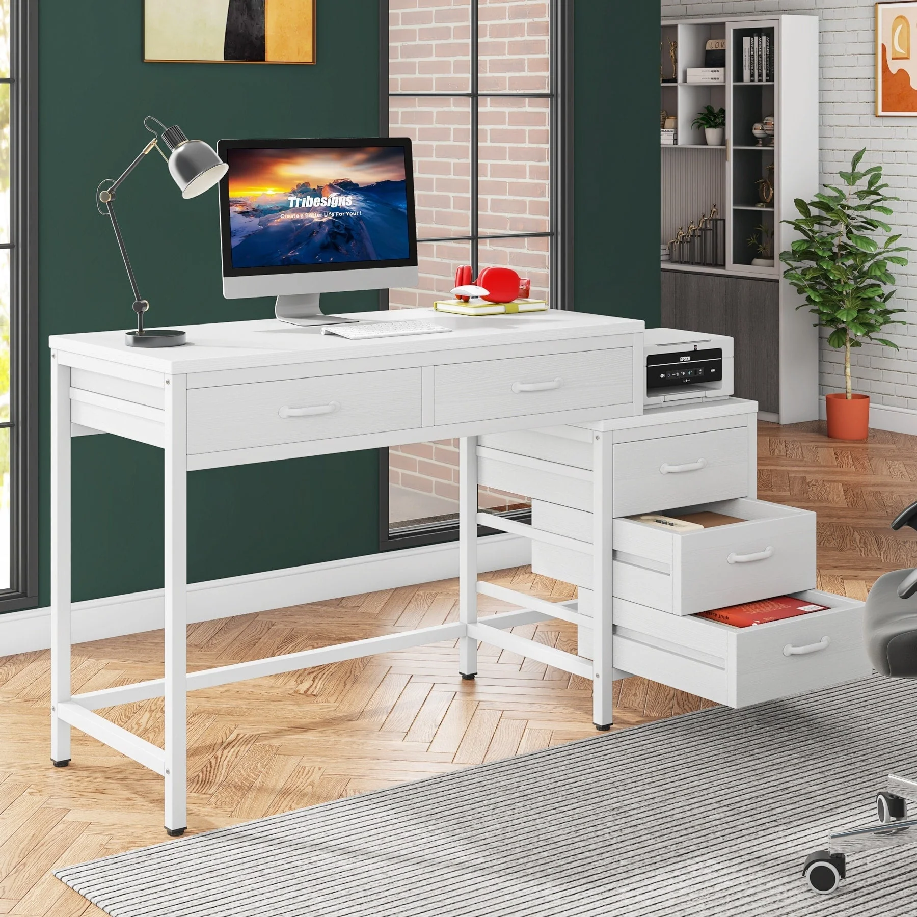 Reversible Computer Desk with 5 Drawers, Home Office Desk with File Cabinet Drawer Printer Stand