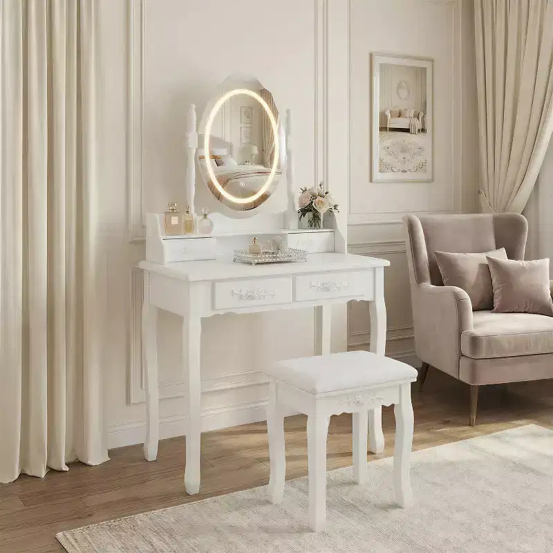 Modern Makeup Vanity Desk with Mirror and Lights, 4 Drawers, Matching Stool for Girls' Rooms, White Finish, Dimmable Lighting