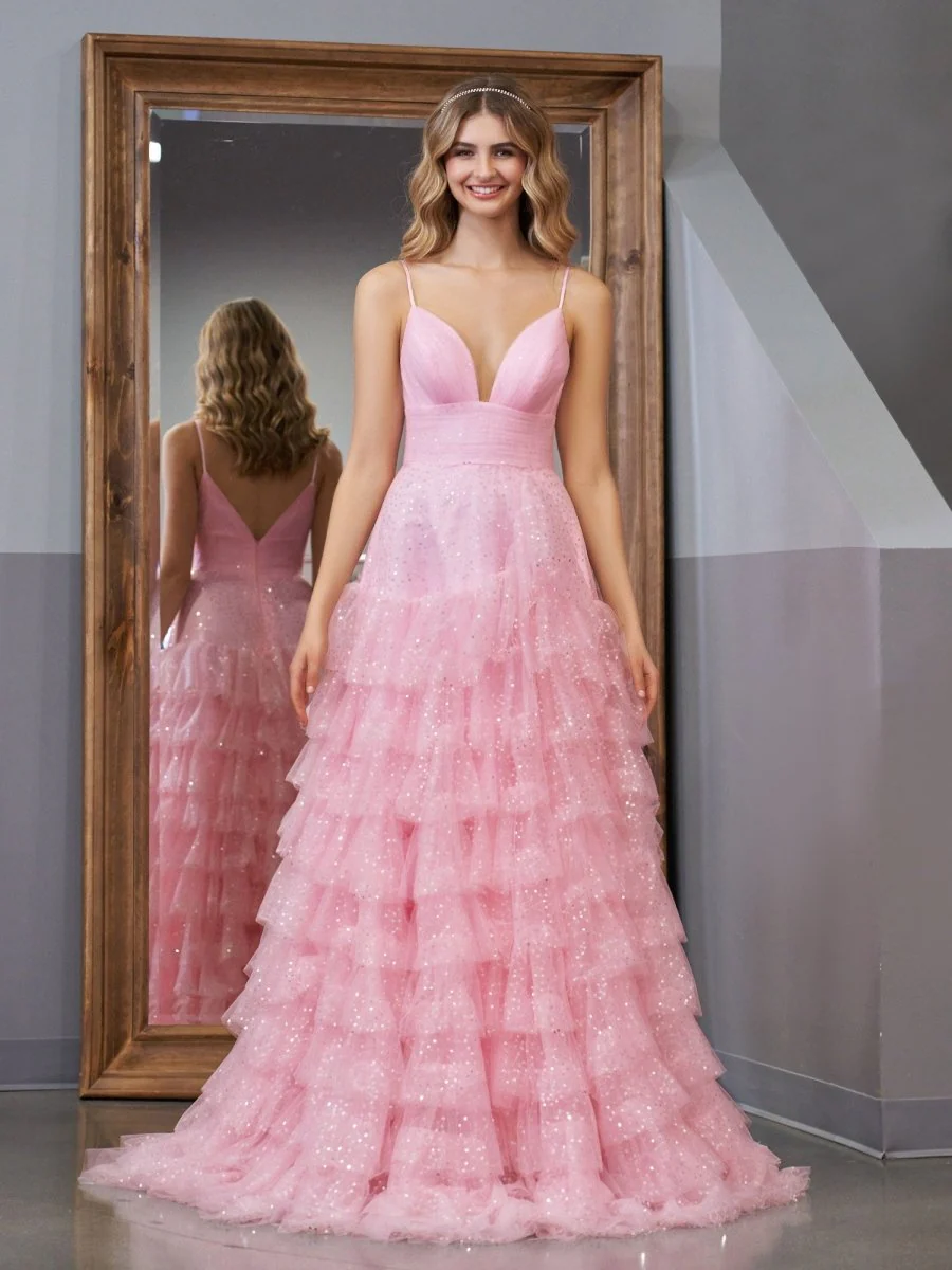 Light Pink A-Line Tiered Spaghetti Straps Tulle Prom Dress