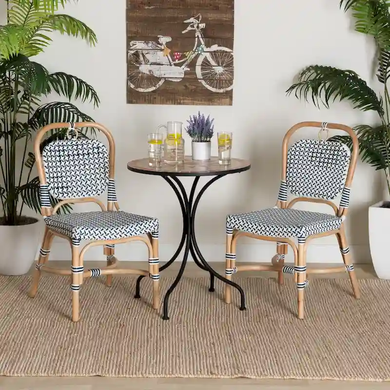 Luciana Modern French Blue and White Weaving Natural Rattan Bistro Chair