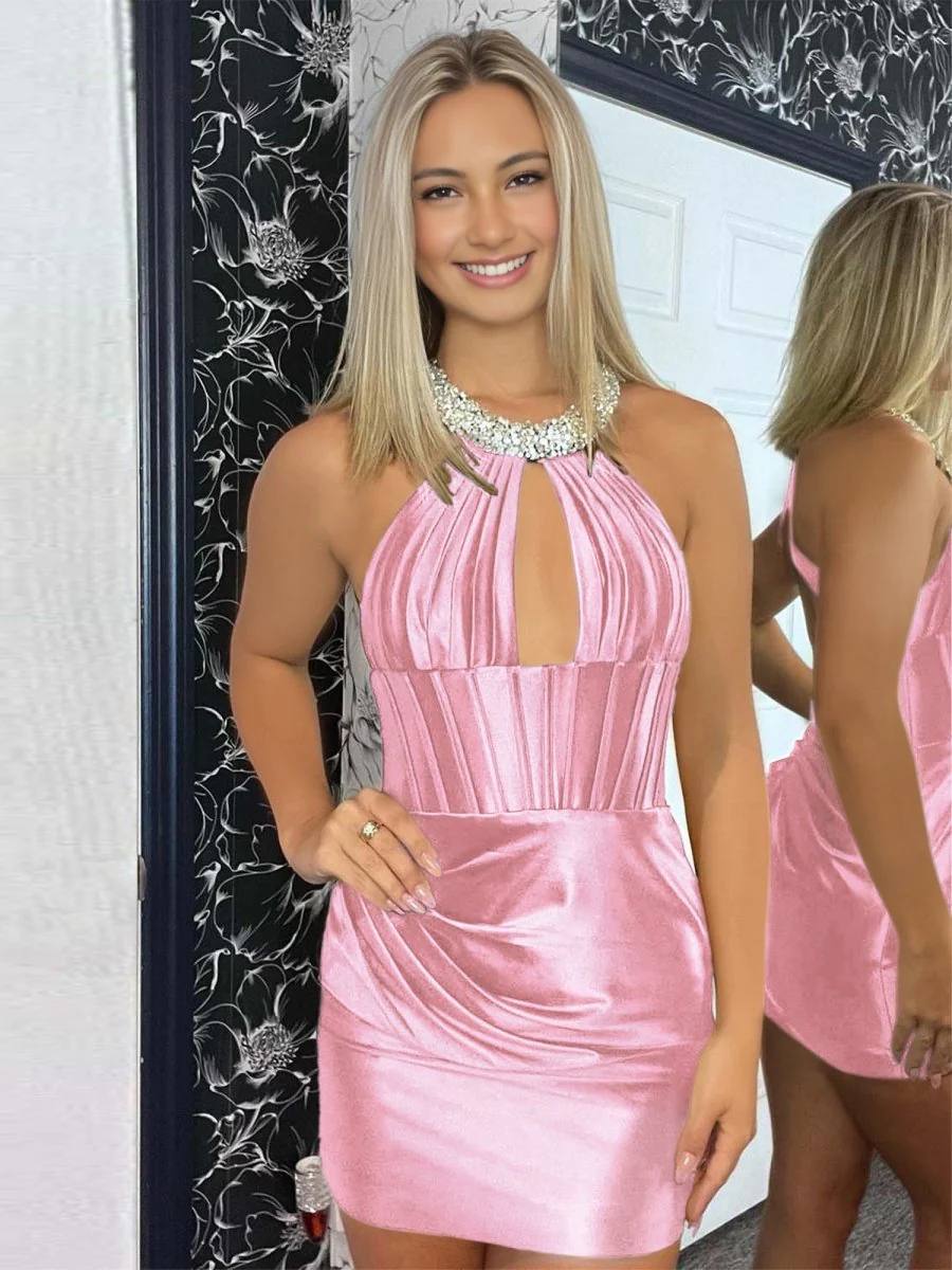 Pink - Halter Beaded Satin Homecoming Dress With Keyhole