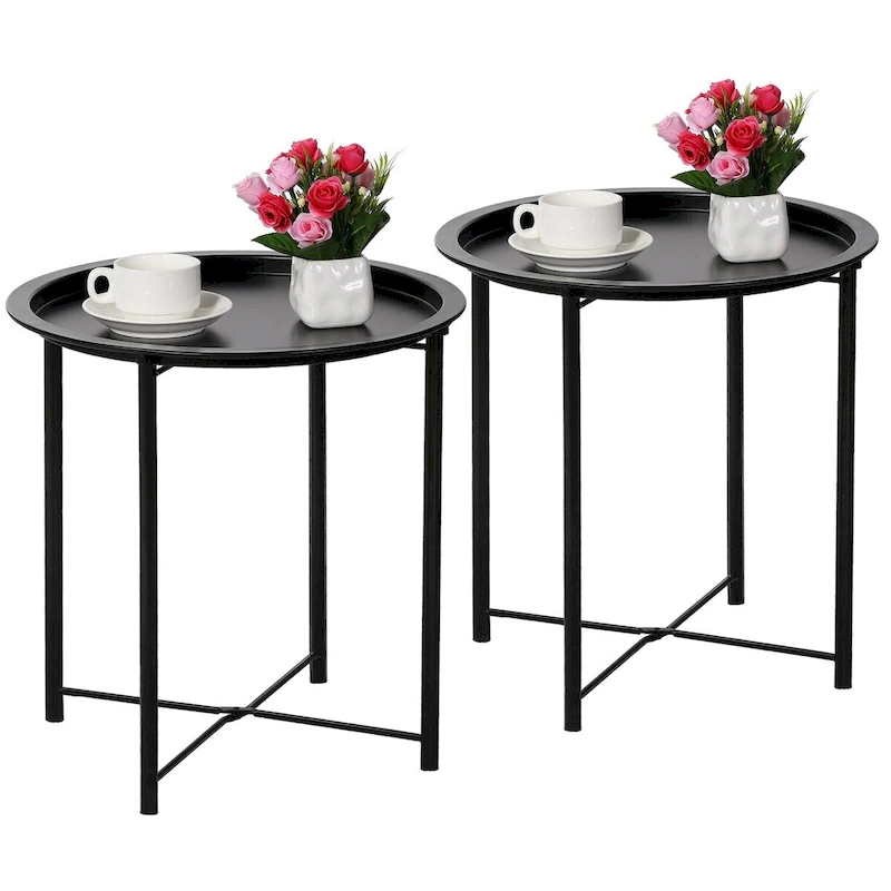 Javlergo Set of 2 Folding Round TV Tray Tables, Small Round Steel Side Table, No Assembly Required - 18.5 x 18.5 x 19.7 in