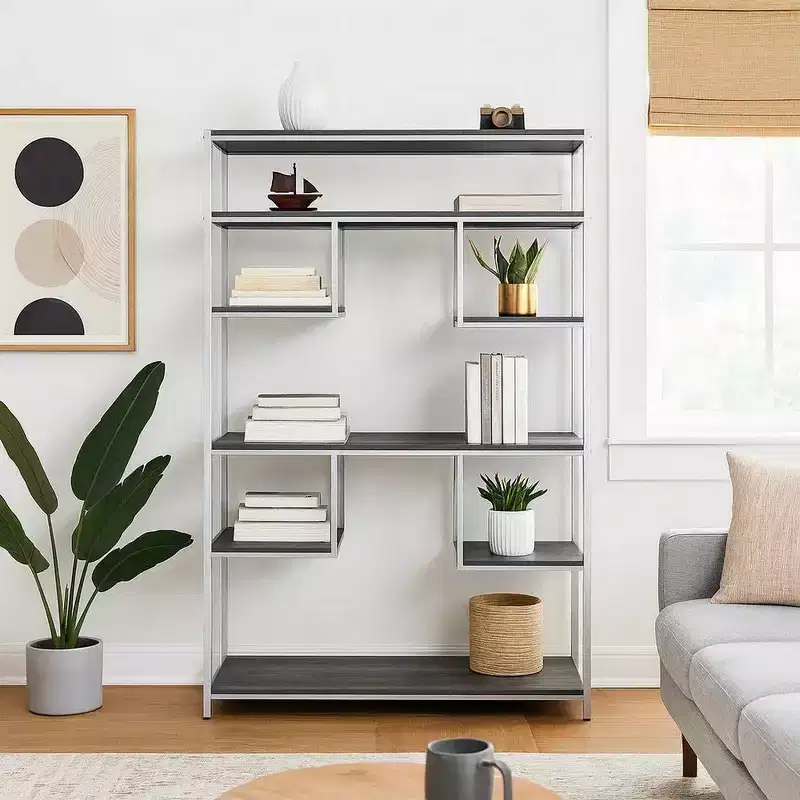 Royal Hampton Bookshelf with 7 Shelves and Geometric Pattern,Silver and Dark Gray