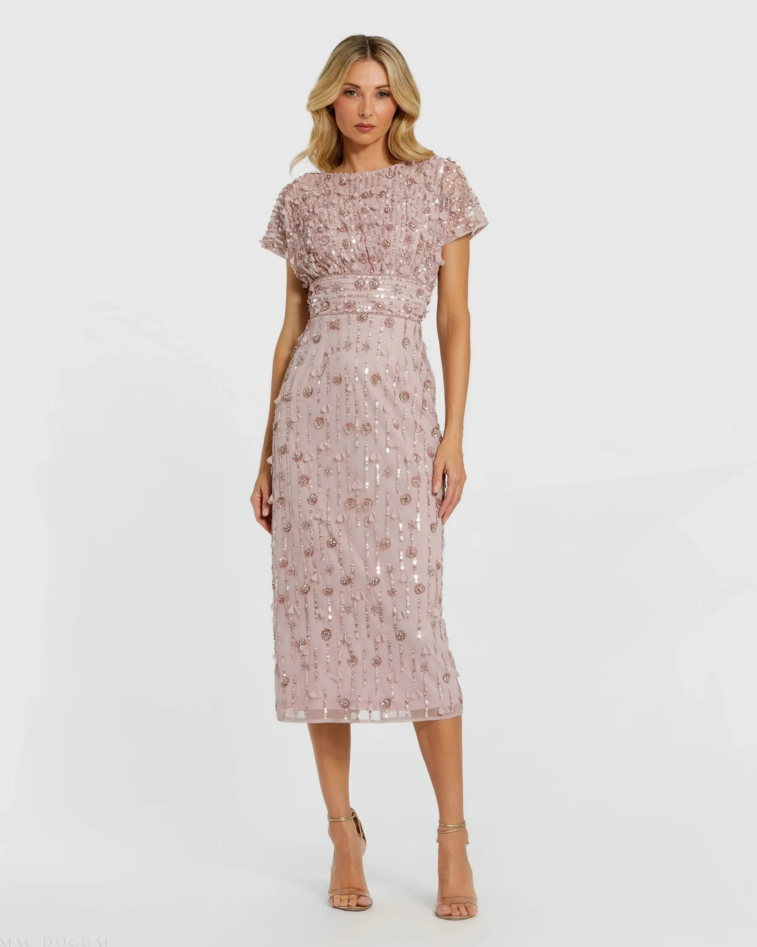 Pink Cap Sleeve Sheath Midi Dress With Floral Beading