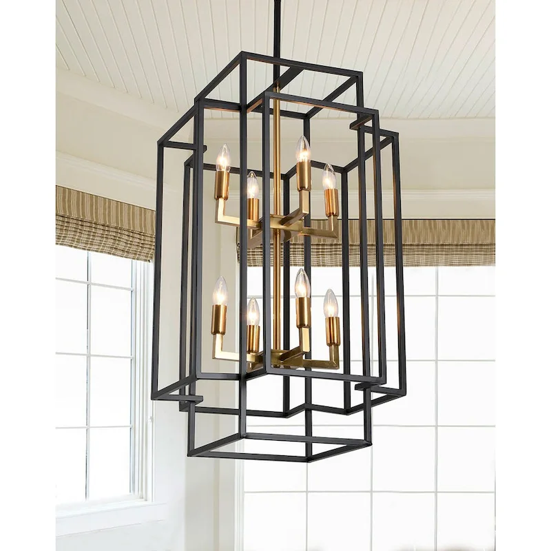 Black 8-Light Industrial Rectangle Iron Frame Pendant