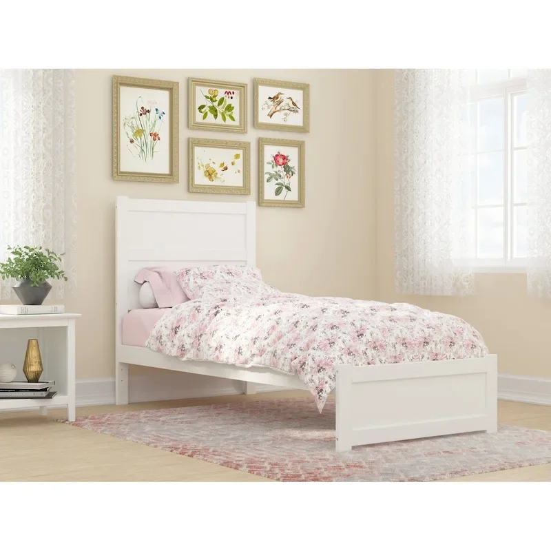 White Mid-Century Modern Platform Bed with Footboard — Twin XL, Fits 1