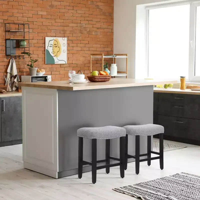 WestinTrends 24 Upholstered Saddle Seat Counter Stool (Set of 2), Black/Gray