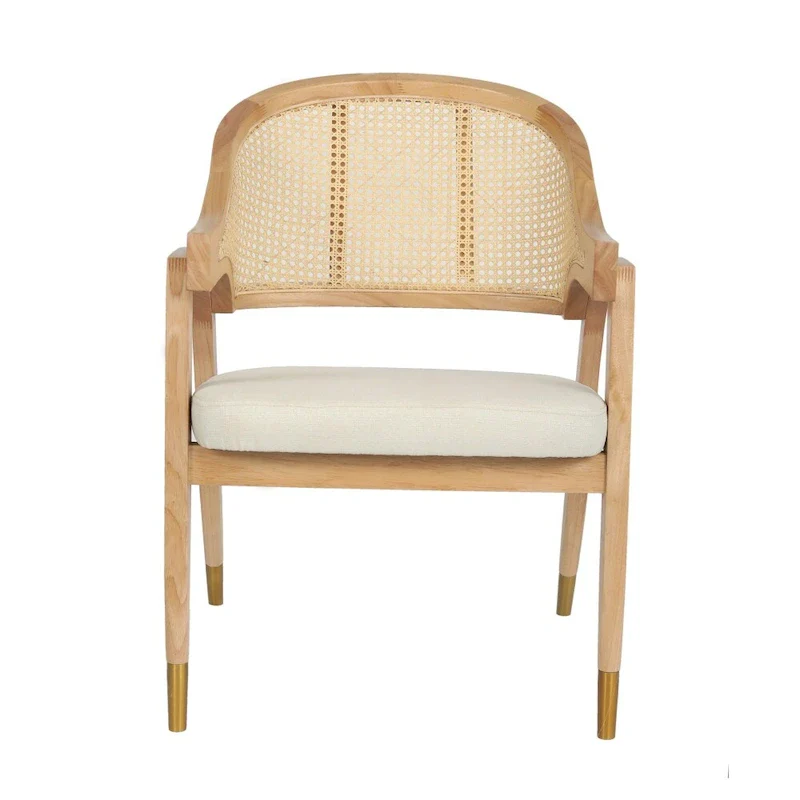 Cane Rattan Dining Chair with Upholstered Seat and Armrests
