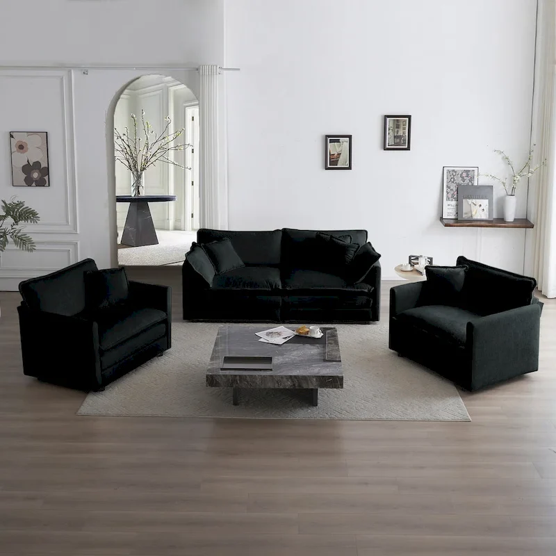 Black 3-Piece Chenille Sofa Set with Loveseat and 2 Single Sofas
