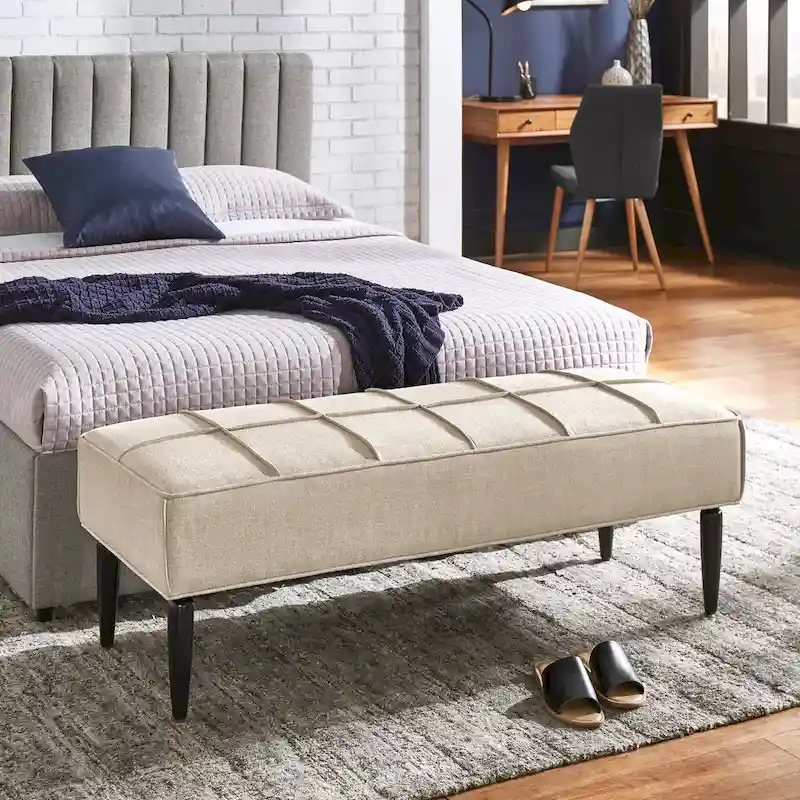 Linen Upholstered Bench with Black Tapered Legs