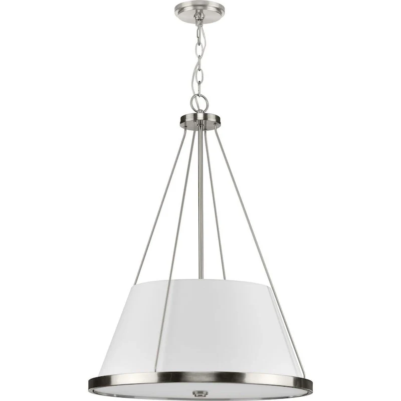 Saffert Collection Three-Light New Traditional Brushed Nickel White Linen Shade Pendant Light - 22 in x 22 in x 30 in