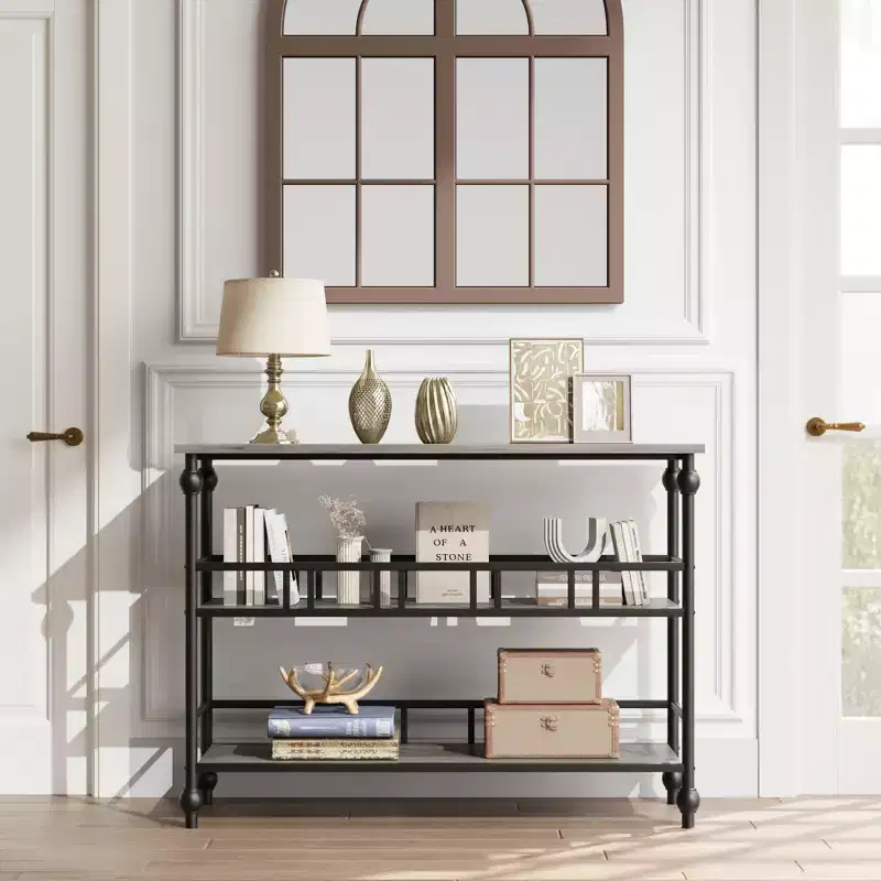 Garvee Console Table, 3-Tier Sofa Tables Narrow Entryway Table with Storage, 43 Behind Couch Table Industrial Hallway Table, Rustic Gray