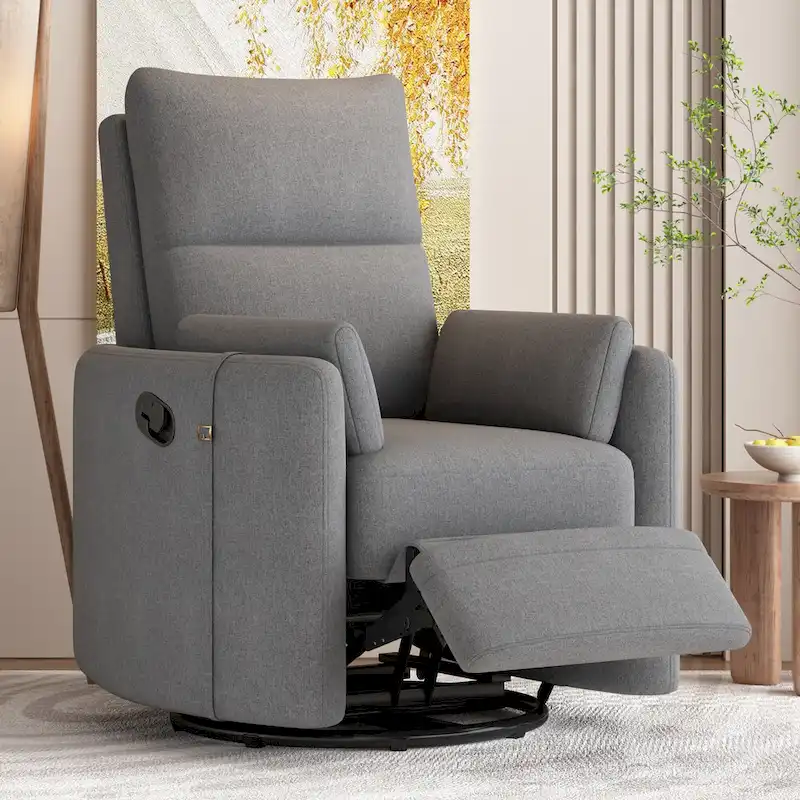 Beige Upholstered Swivel Rocker Recliner with Manual Recline, 360 Swivel, and Two Removable Cushions