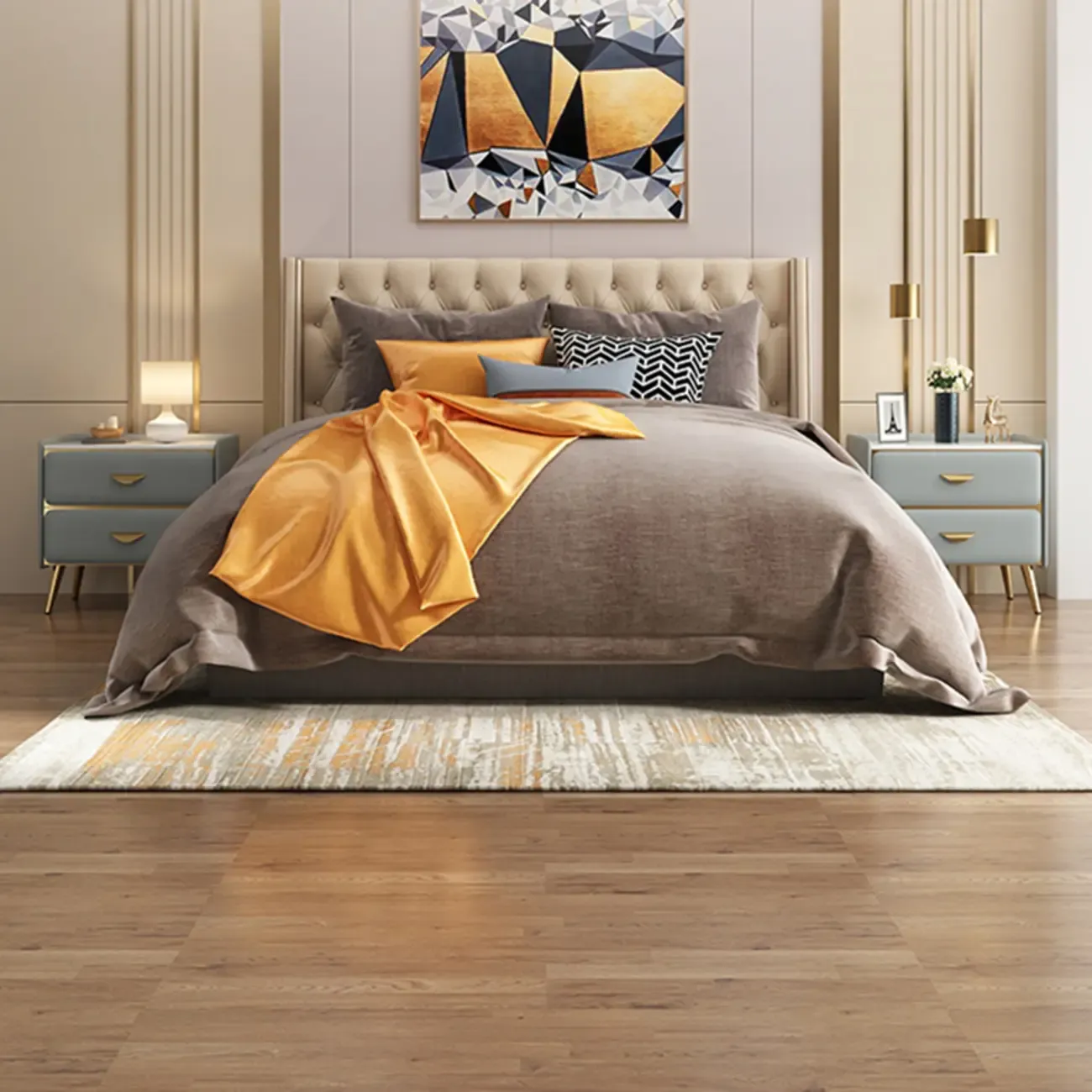 Elegant Stone Top Gold Accents Nightstand with 2 Drawers