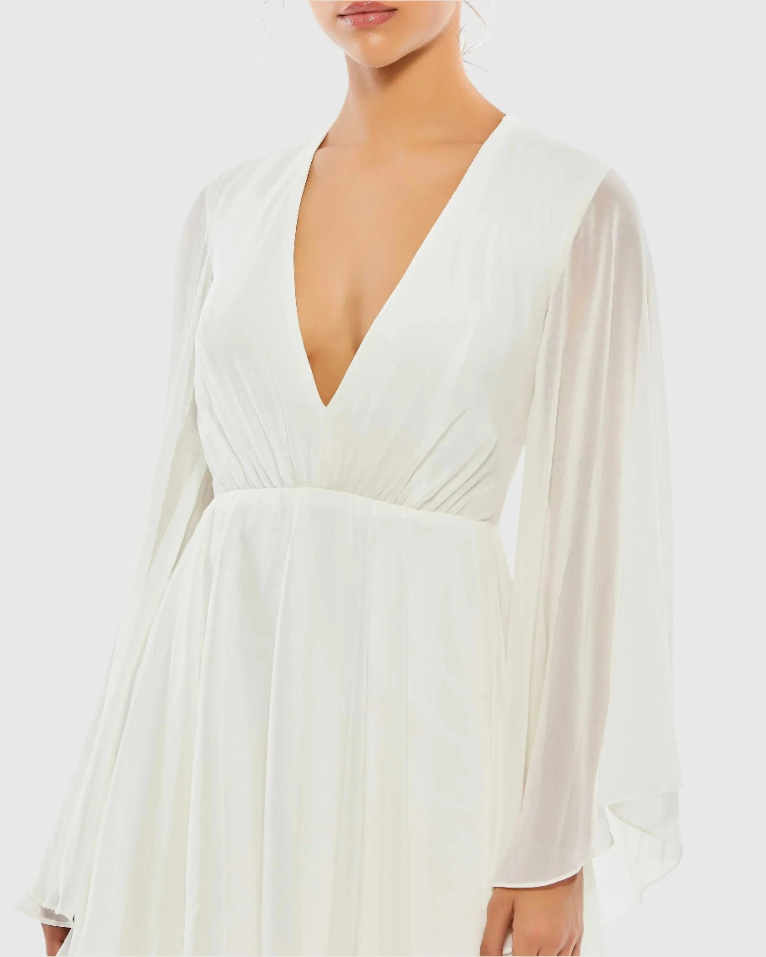 White Solid Flowy V Neck Illusion Sleeve Mini Dress