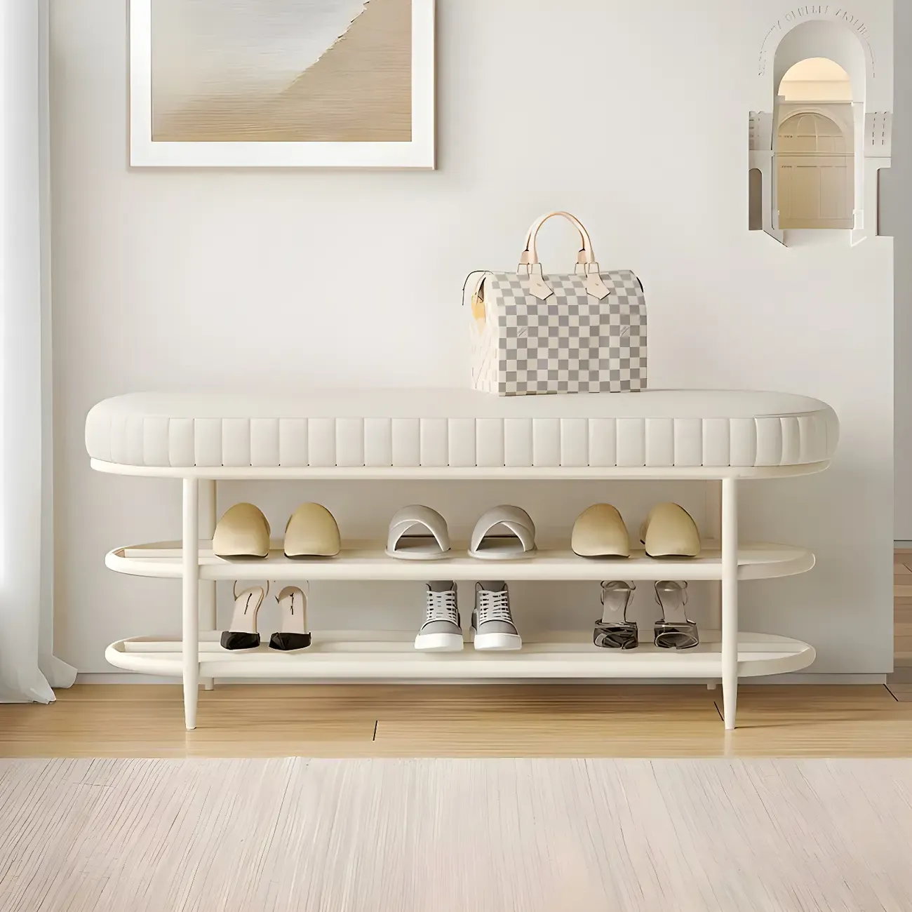 Elegant Oval Metal Cushioned Shoe Rack Bench