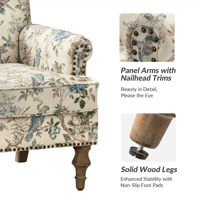 Grey/Navy Farmhouse Nailhead Camelback Armchair, 1-Person