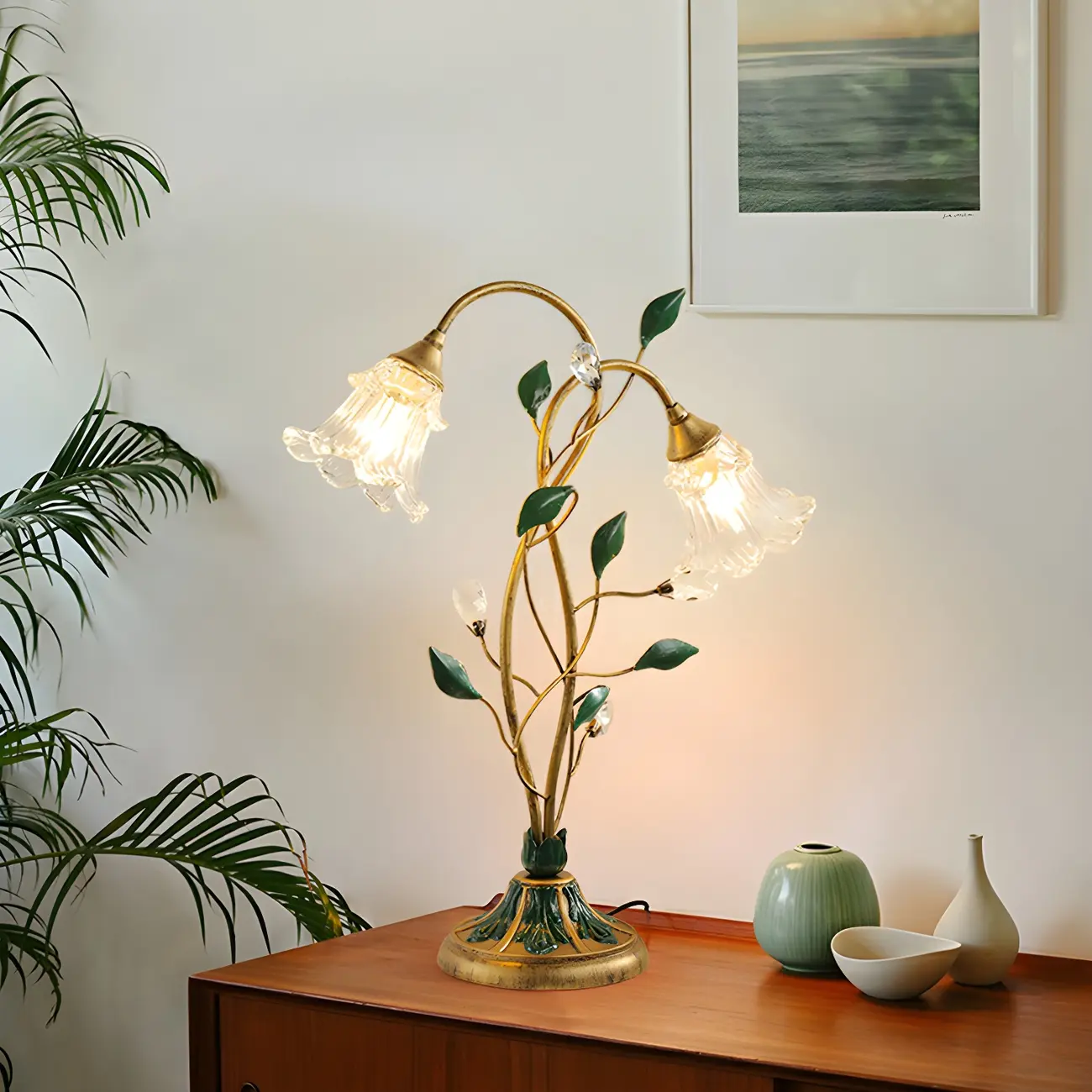 Elegant Glass Floral Shade Metal Table Lamp for Residential