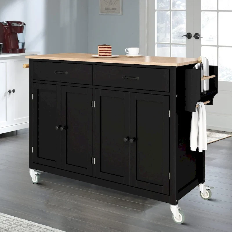 Classic Wooden Kitchen Island Cart with 2 Drawers, 2 Cabinets, a Towel Rack and a Spice Rack