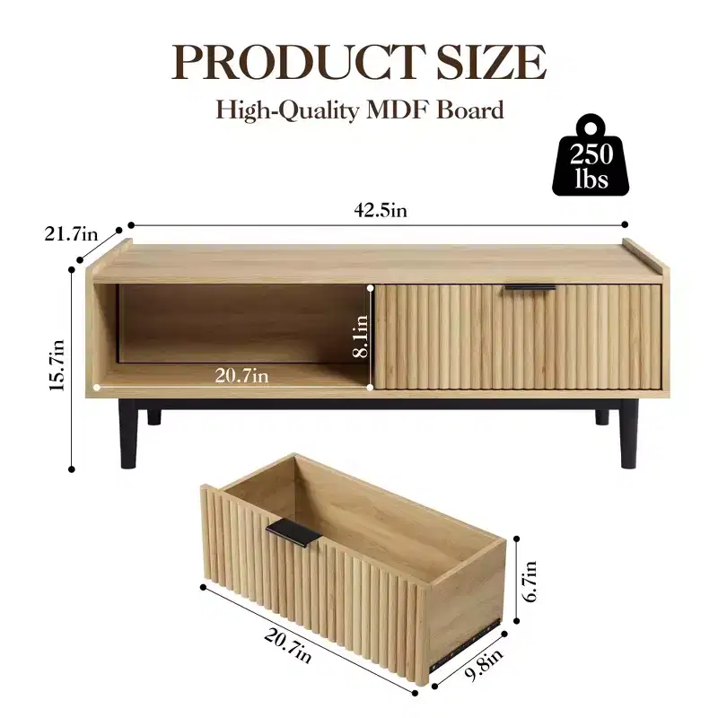Coffee table, modern style coffee table with storage function, including drawers and open shelves, square coffee table for living room.