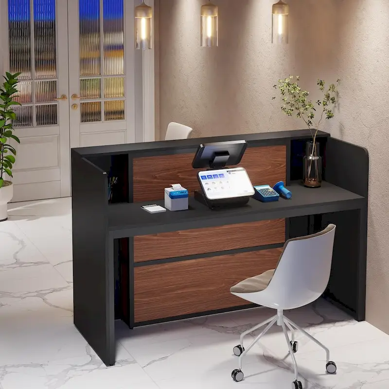 Reception Desk Front Desk with LED Lights,Large Reception Counter Table with Private Panels