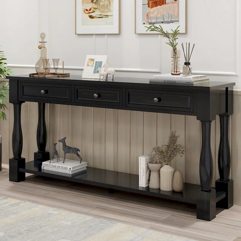 Espresso / Navy / Antique White Distressed Console Table with 3 Drawers & Shelf, 1-Person Assembly