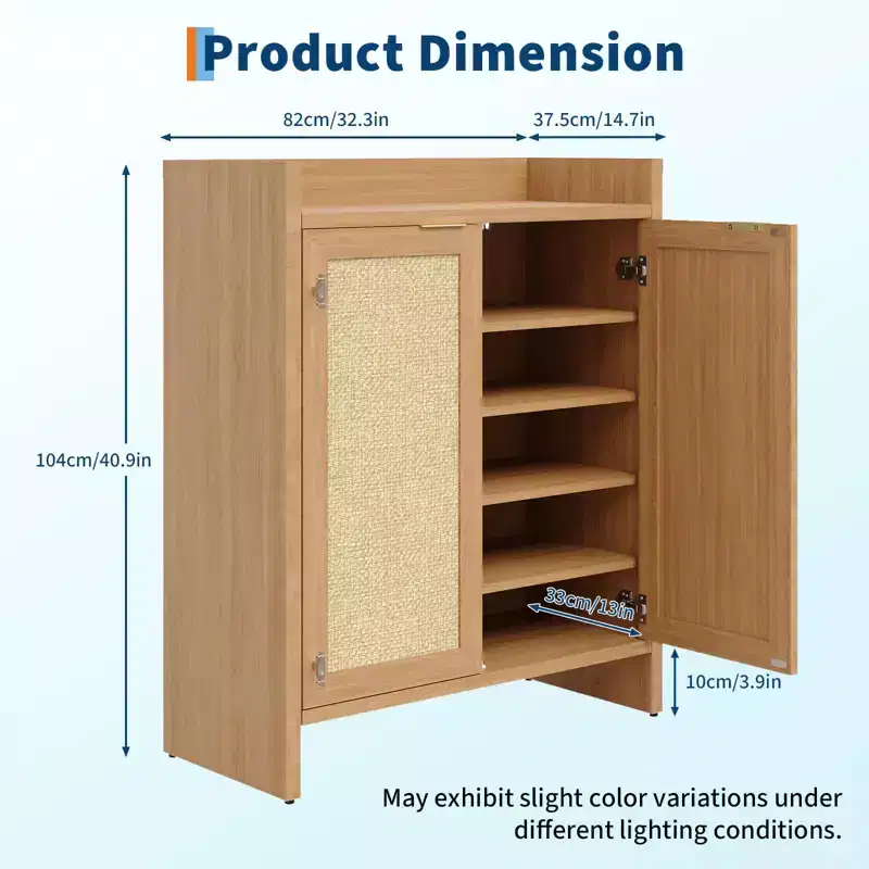 Rattan Shoe Storage Cabinet  Farmhouse Freestanding Organizer with Adjustable Shelves for Entryway, Hallway & Bedroom