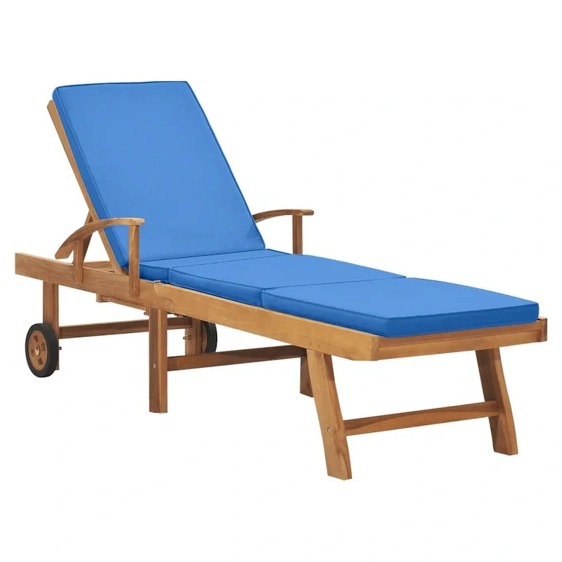 vidaXL Sun Lounger with Cushion Solid Teak Wood Blue - 76.8 x 23.4
