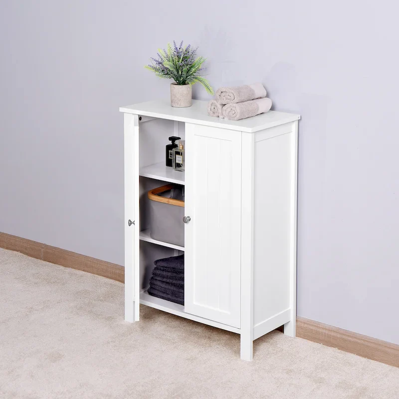 White Double-Door Floor Storage Cabinet, Adjustable Shelf, 1-Person Assembly
