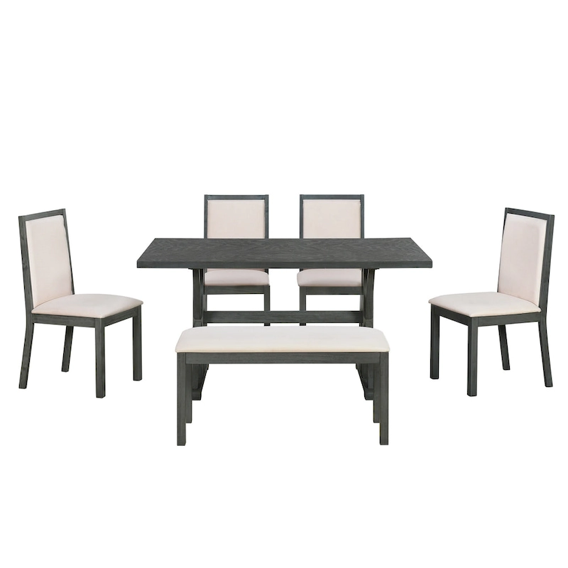 Farmhouse Style 6-Piece Dining Table Set with 4 Upholstered Dining Chairs and Bench
