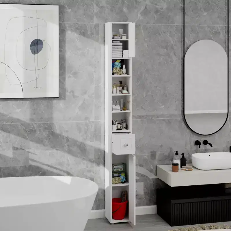 MAYEERTY 71 Tall Slim Bathroom Cabinet Freestanding 1 Drawer 2 Doors 4 Adjustable Shelves White