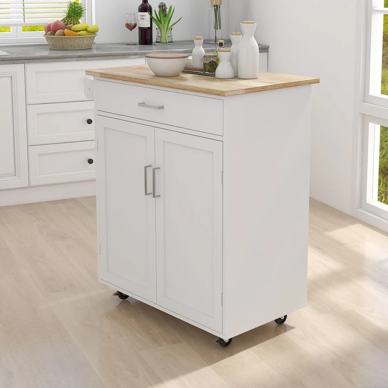 Kitchen Island Rolling Cart with Adjustable Shelves and Towel Rack, Rubberwood Top