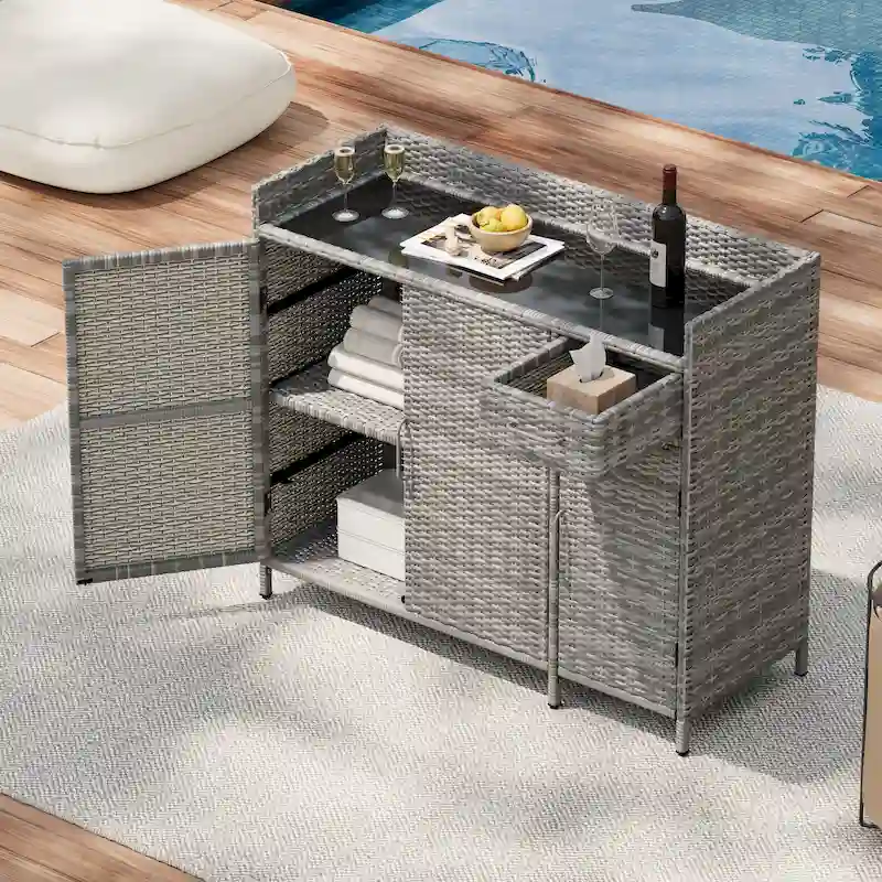 Wicker Outdoor Storage Cabinet Weather-proof Kitchen Island Rattan Bar Table with Tempered Glass Desktop and Drawer Pool Toys