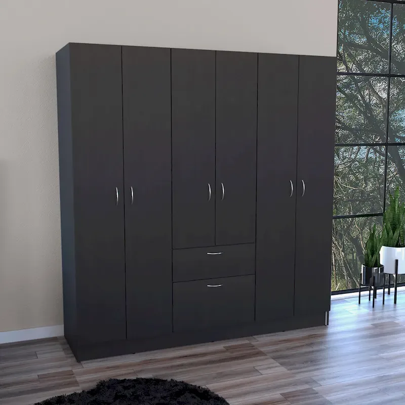 Six Doors Armoire, Seven Interior Shelves, One Drawer, Hanging Rod