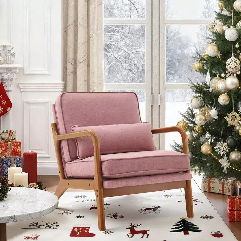Karl Home 2Pcs Mid Century Solid Wood Accent Chair Upholstered Armchair with an Extra Pillow