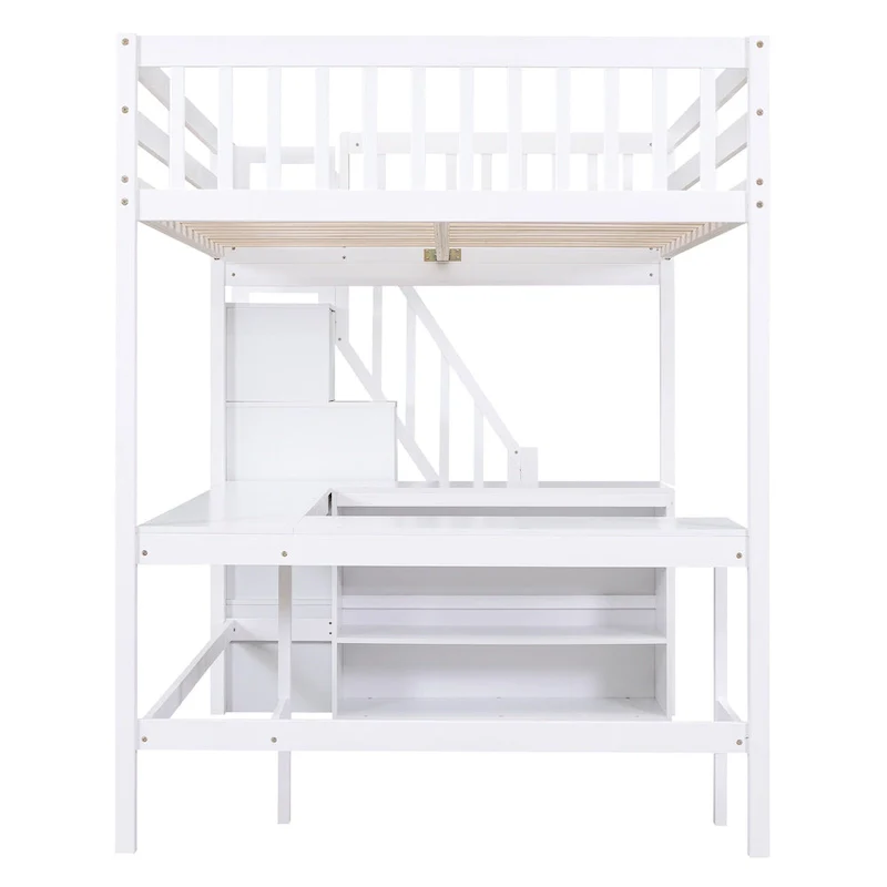 White Full Size Pine Wood Loft Bed with L-Shaped Desk and Storage