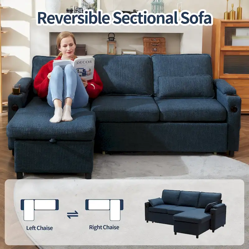 80 L-Shaped Sofa Couch Bed, Sofa Sleeper with Pull Out Bed, Reversible Sleeper Sofa Bed