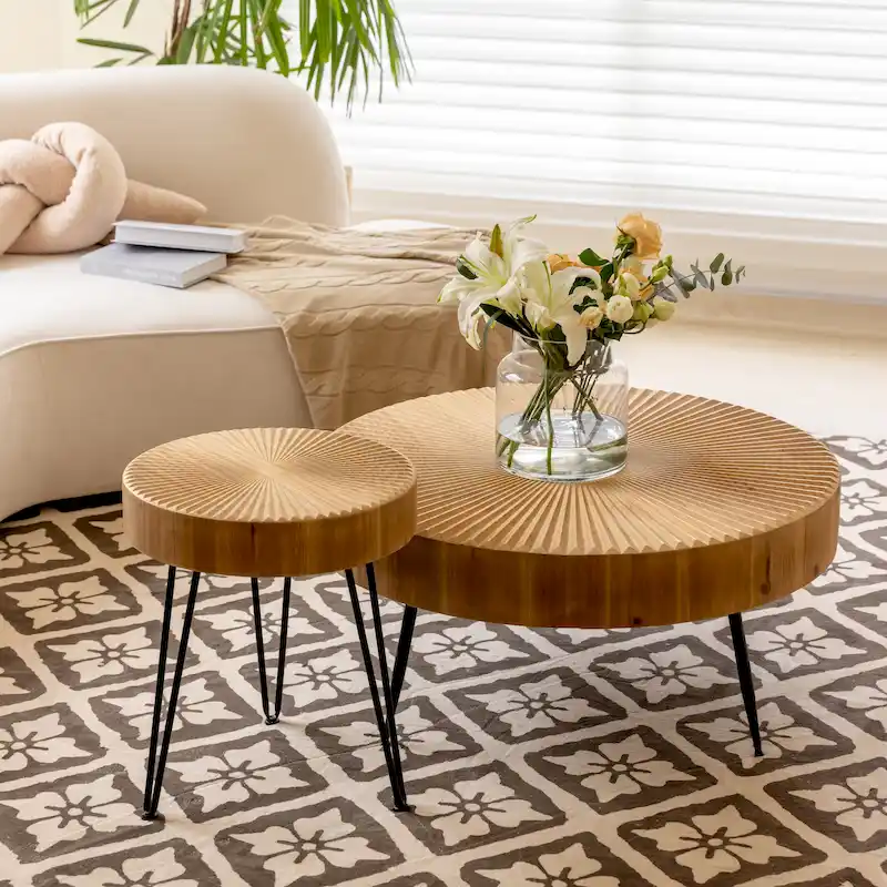 Rustic Cylindrical Wood Veneer Coffee Table – Natural / White / Light Red & Natural