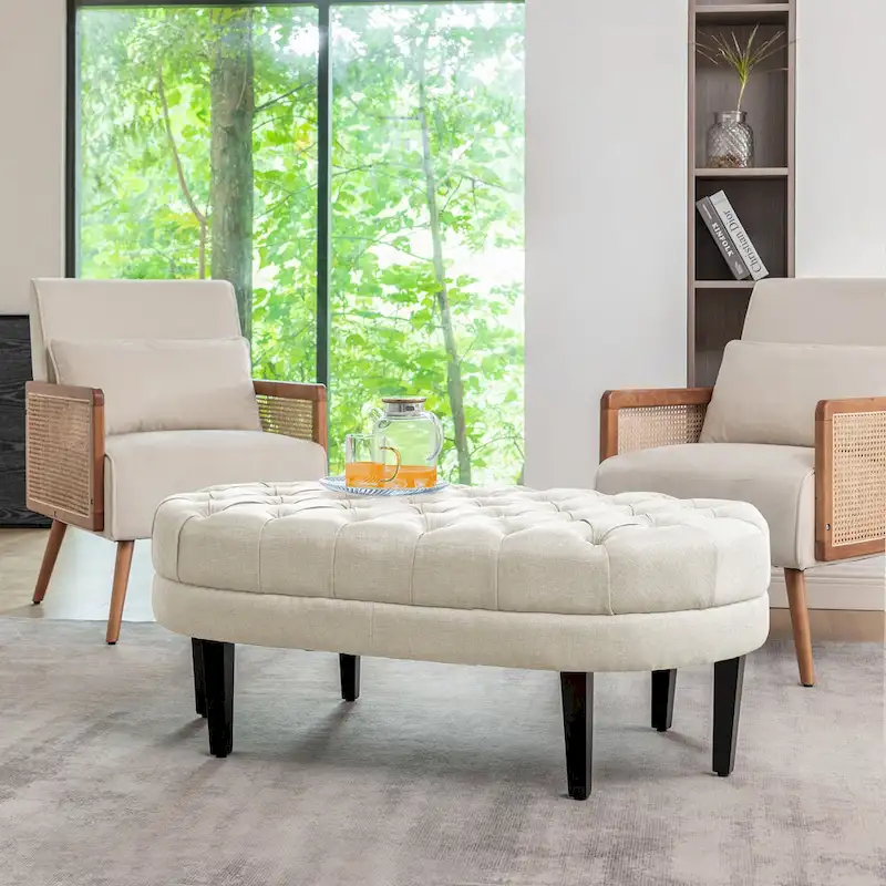 Beige / Blue Oval Tufted Cocktail Ottoman with Rubberwood Legs, Seats 1